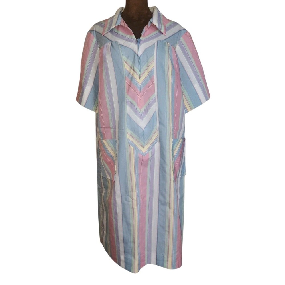 Vintage Colorful Striped Retro House Dress Collared Pockets‎ Unlined Handmade